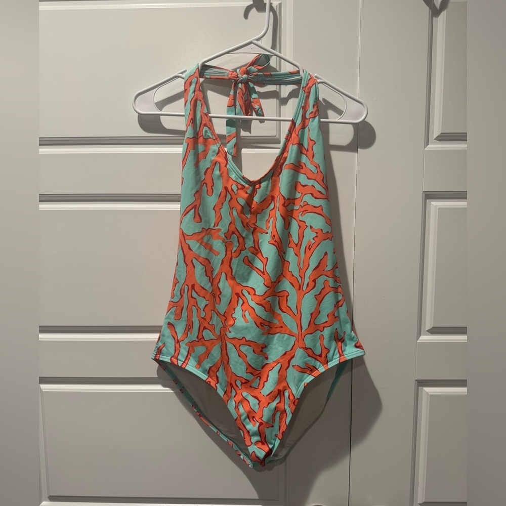 J. McLaughlin Nicola one-piece swimsuit blue teal and coral print Halter Size 12